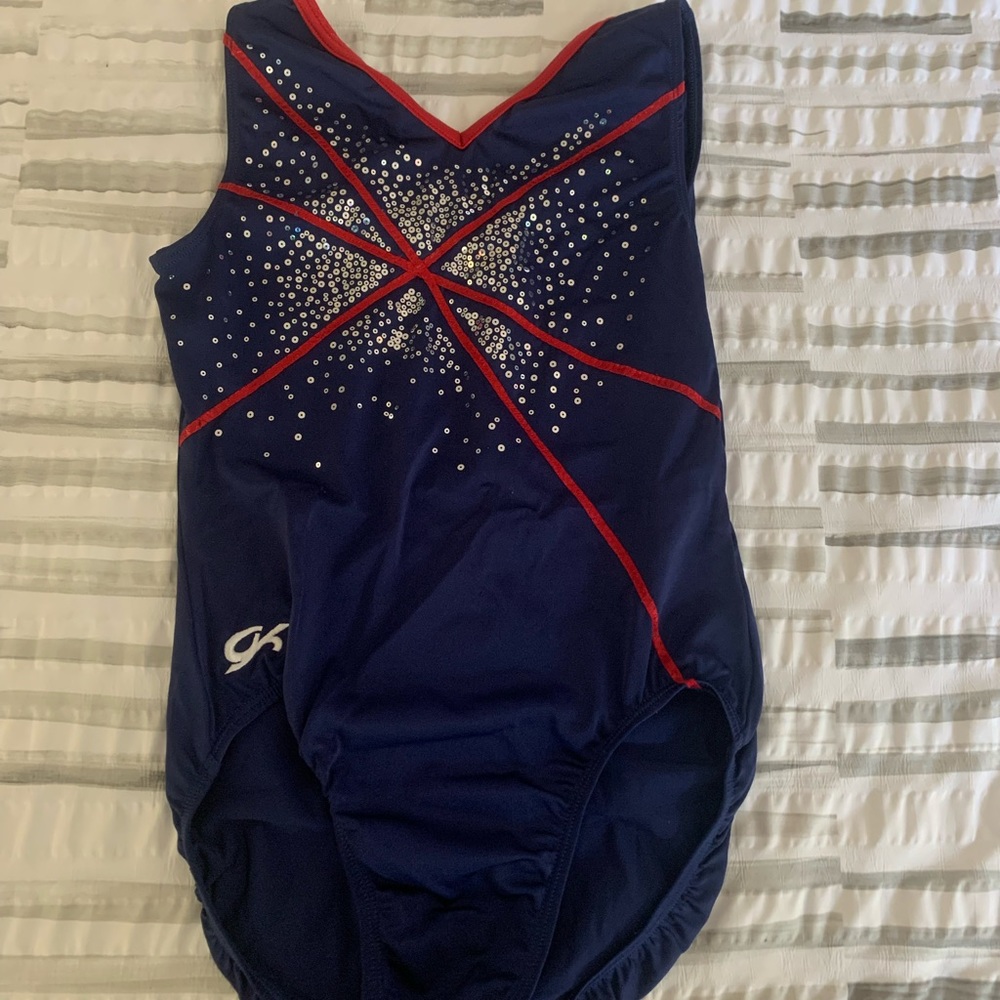 Blue and red GK leotard with silver sequin sparkles in size Adult X-Large (AXL)